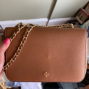 Brown Tory Burch crossbody with gold hardware